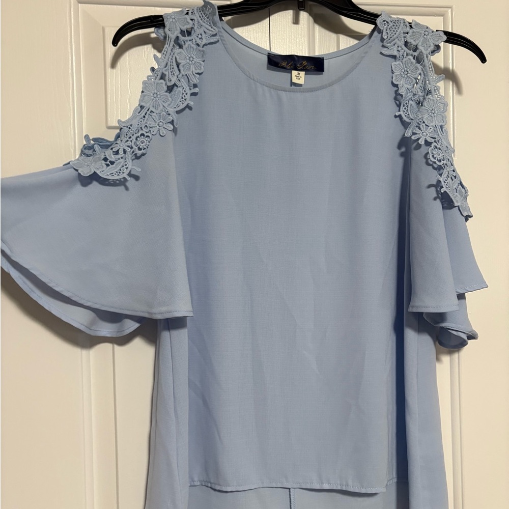 Blue Rain Asymmetrical Flutter Sleeve Blouse in Blue
